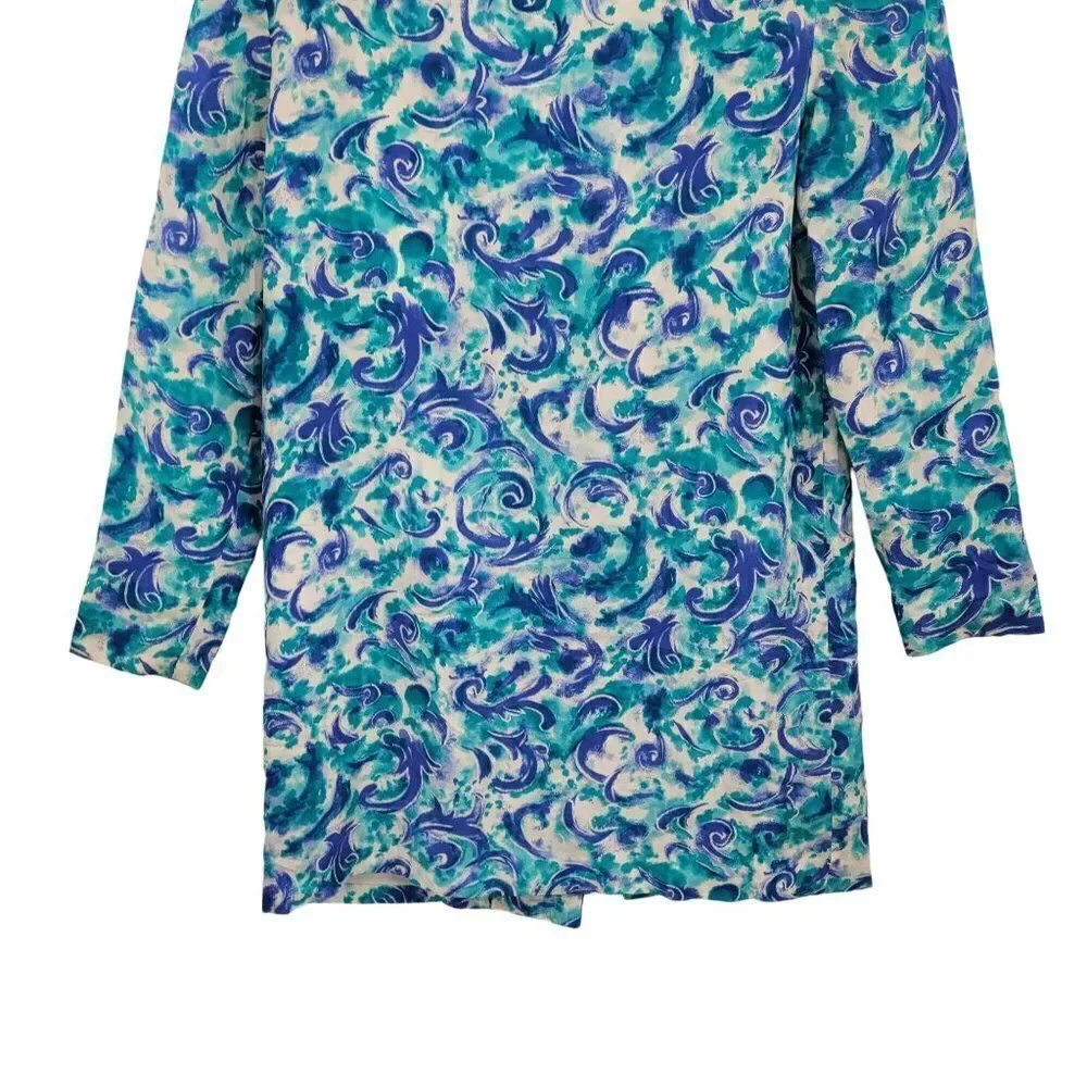 Vintage 80's Blazer Silk Duster Single Breasted Button‎ Longline Blue Swirl 6